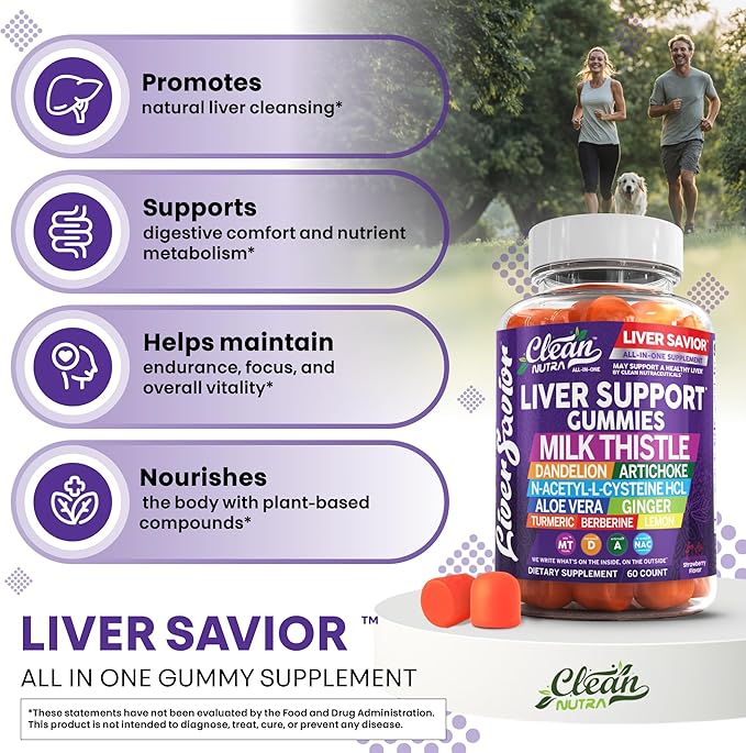 Clean Nutra Liver Cleanse Detox &amp Repair Gummies | Milk Thistle Gummy Liver Support Vitamins | Dandelion Artichoke Aloe Vera Ginger Berberine Lemon N-Acetyl-L-Cysteine Turmeric Supplement H