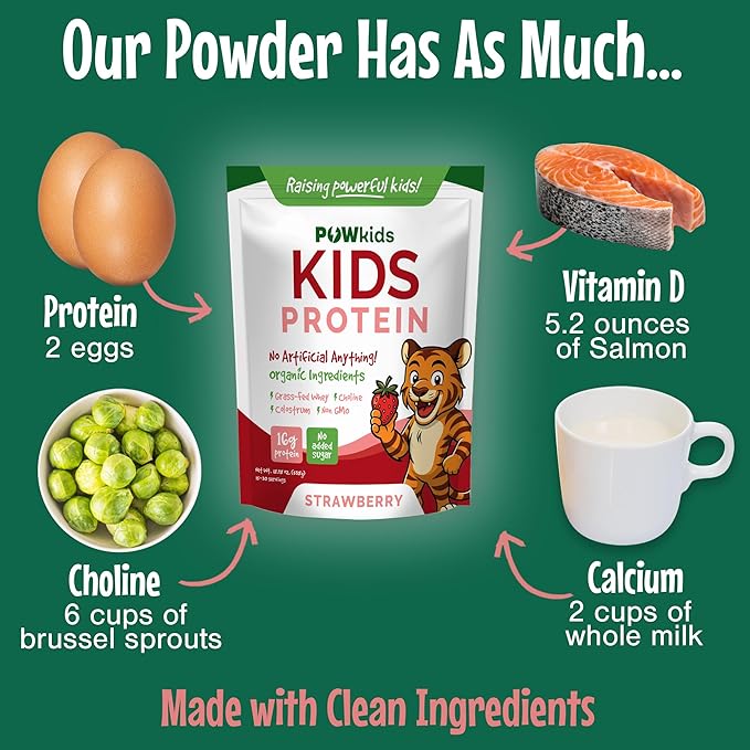 Kids Protein Shake Powder 16g – No Added Sugar Organic Ingredients Grass-Fed Whey Proteins – Calcium &amp Choline for Bone Strength &amp Brain Development Protein Shake – Strawberry