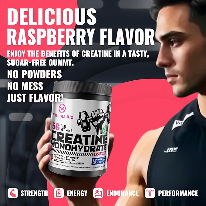 Natures Aid NSF Certified Creatine Gummy 5g - Creatine Monohydrate Gummies – Pre-Workout Energy &amp Muscle Growth Support for Men &amp Women | Peach Electrolyte Gummies (135 Count)