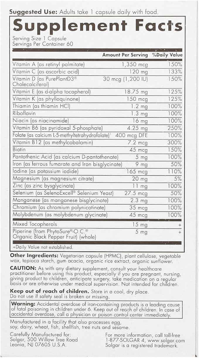 Solgar One Daily Women's Multi Whole Body Support Highly Absorbable Delayed Release Vitamin for Women Supplement for Immune Heart Energy Stress Hair Skin Nails &amp Reproductive Health 60 Servi