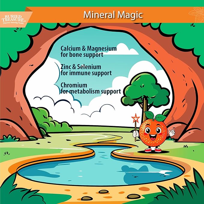 Buried Treasure Children's Daily Multi Liquid Multivitamin &amp Minerals Nutritional Dietary Vegan Supplement for Kids No Artificial Ingredients Non-GMO Natural Fruit Flavors 16 oz w/Dose Cup