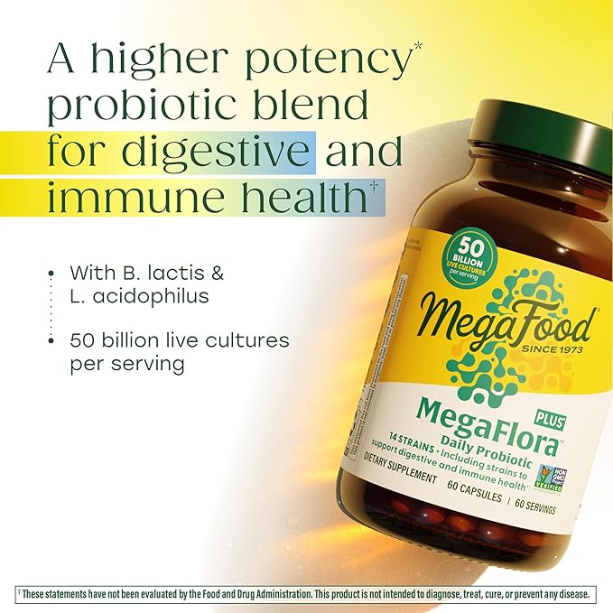 MegaFood MegaFlora Probiotic Plus - Probiotics for Women and Men Digestive Health - 50 Billion CFUs &amp 14 Strains - Immune Support Supplement - Vegetarian - 60 Capsules