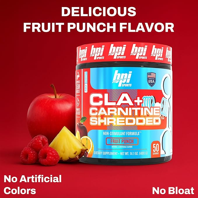 BPI Sports CLA + Carnitine Shredded - Convert Fat Cells Into Energy and Supports Lean Muscle Boost Metabolism - Non-Stimulant L-Carnitine Supplement - Fruit Punch (14.1 oz. / 50 Servings)