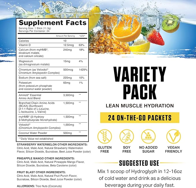Ambrosia Hydroglyph Intraworkout Electrolytes Hydration Drink Mix | Sugar Free Electrolyte Powder with Amino Acids | Supports Lean Muscle During Fasting | 30 Servings | Variety Pack