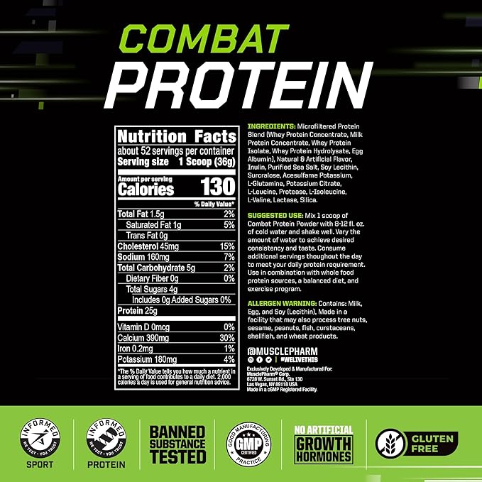 Muscle Pharm Combat Protein Powder Horchata Flavor Fuels Muscles for Productive Workouts 5 Protein Sources Including Whey Protein Isolate &amp Egg Albumin Gluten Free 4 lb 52 Servings