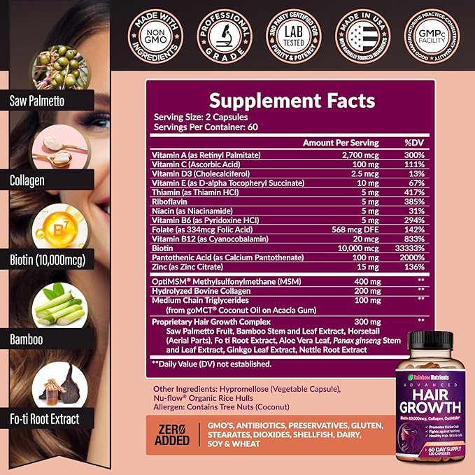 (2 Pack) Hair Growth Vitamins for Women | Biotin 10000mcg Collagen Patented OptiMSM® goMCT® Saw Palmetto | Naturally Regrow Stronger &amp Healthier Hair Skin and Nails | May Stop Hair Loss