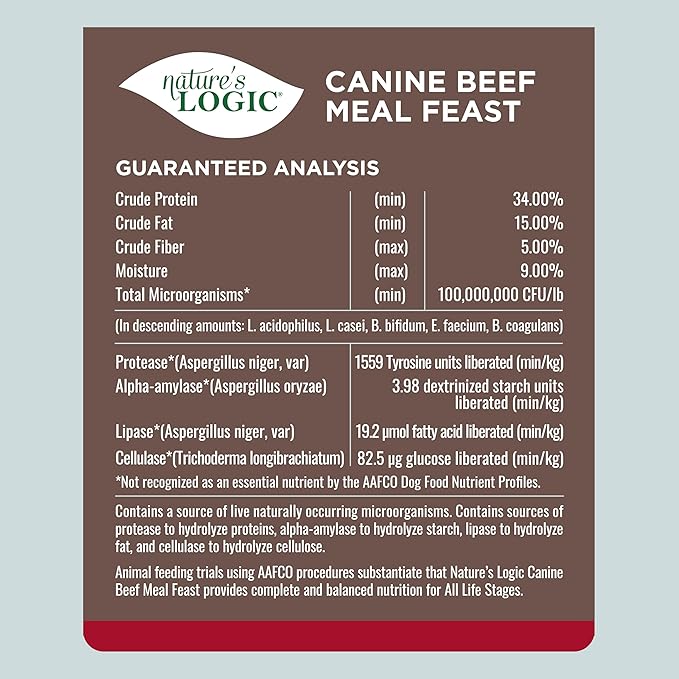 Nature's Logic Dry Dog Food - 100% Natural - No Synthetics - For All Ages Sizes Breeds - Free From Common Allergens High Protein - Beef Meal Feast 4.4lbs
