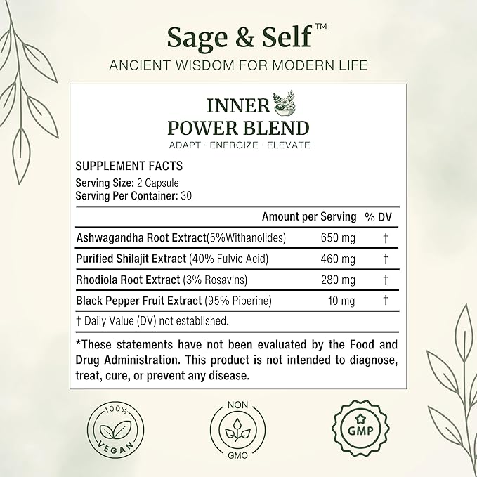 Sage &amp Self Inner Power Capsules – Adaptogen Blend with Ashwagandha Shilajit Rhodiola &amp Black Pepper – Supports Energy Resilience &amp Mental Clarity – 1400 mg per Serving – 60 Vegan Capsu