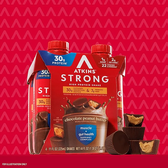 Atkins Strong High Protein Shake Chocolate Peanut Butter Flavor 30g Protein Low Carb and Low Sugar Shake Keto Friendly Gluten Free Muscle and Gut Health Support Complex (Pack of 24)