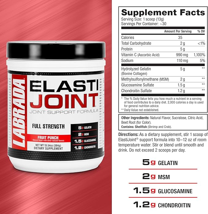 Labrada Nutrition Elastijoint Fruit Punch Glucosamine Joint Support Supplement Powder for Men &amp Women Health Supplement with MSM Glucosamine Chondroitin MSM - Gluten-Free