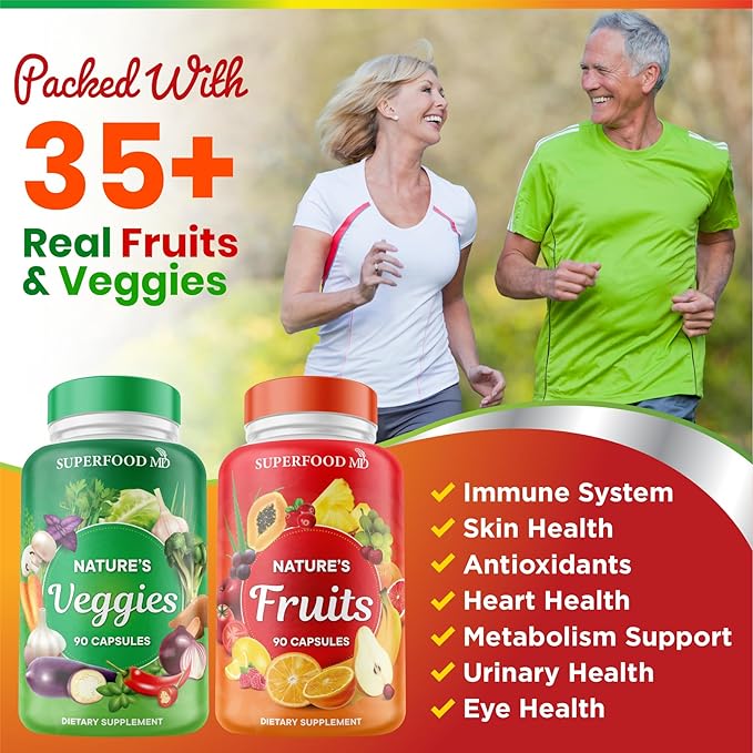 Superfood 180 Fruit and 180 Veggie Capsules - Whole Food Natural Superfoods - Maintain Energy Levels with Beta Carotene - Soy Free (90 Count (Pack of 4)