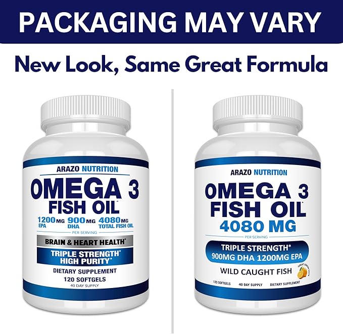 Arazo Nutrition Wild Caught Omega-3 Fish Oil Concentrate – 4080mg per Serving – High EPA 1200mg &amp DHA 900mg – 120 Burpless Lemon Softgels