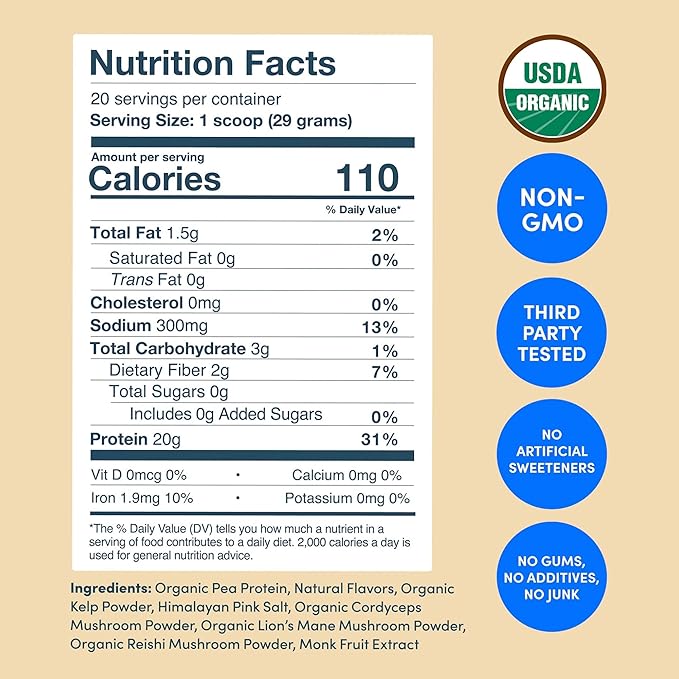Further Food Organic Vegan Protein Powder Vanilla – 20g Pea Protein with Mushrooms &amp Seaweed Non-GMO Gluten Free Sugar Free 20.46 Oz