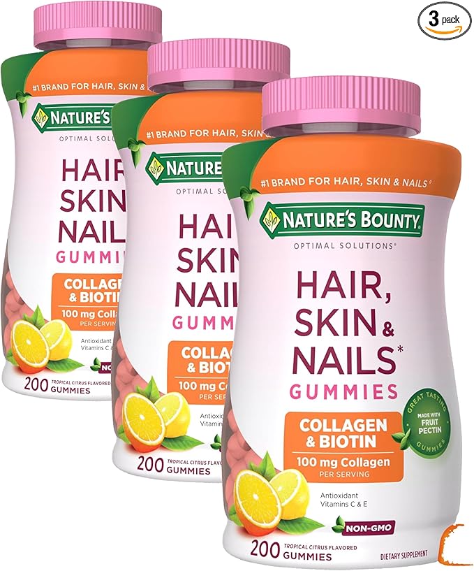 Nature's Bounty Optimal Solutions HairSkin and Nails Collagen Pectin Gummies100 mg Collagen &amp 2500 mcg Biotin Per ServingNo Stick GummyTropical Citrus Flavor100 Total Servings200 ct (Pack o