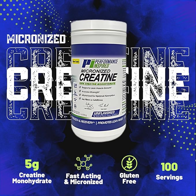 PERFORMANCE INSPIRED Nutrition Micronized Creatine Monohydrate – 100% Pure Unflavored – 5G Per Serving – 100 Servings – 1.1 LB