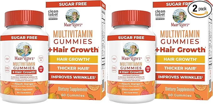 MaryRuth's Multivitamin + Hair Growth Gummies | with Lustriva® | Biotin 10000mcg | B Vitamins | Formulated for Thicker Hair Wrinkles Fine Lines Skin Care | Ages 18+ | 30 Servings (Pack of 2)