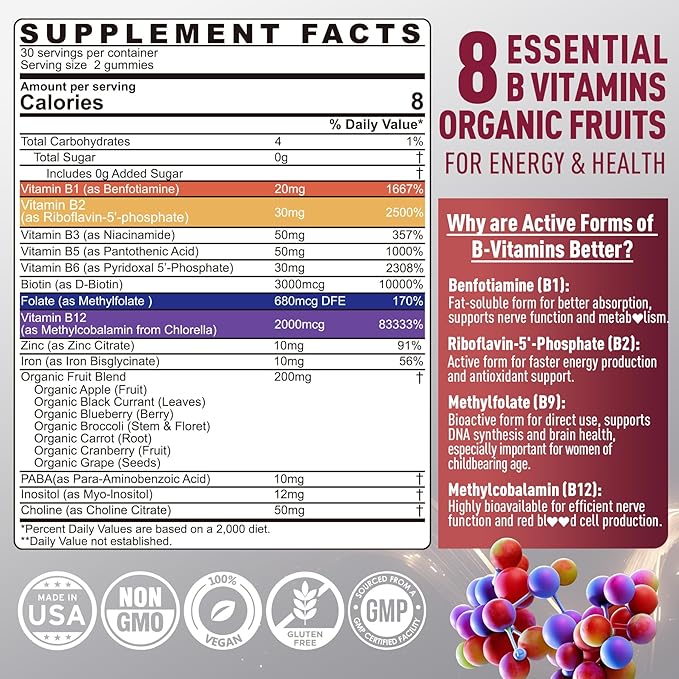 Brain &amp Mood Support Gummies Super Vitamin B Complex for Men &amp Women All B Vitamin B1 B2 B3 B5 B6 B7 Folate MethyB12 with PABA Inositol Choline Supports MTHFR Gene &amp Energy Vegan 12