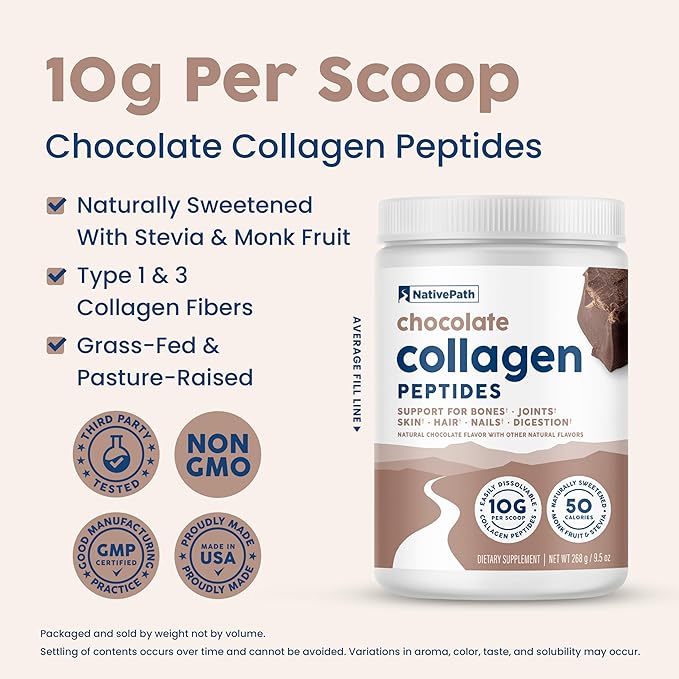 NativePath Collagen Peptides - Hydrolyzed Type 1 &amp 3 Collagen. Keto &amp Paleo Grass-Fed Protein Powder for Hair Skin Nails Bones Joints Digestion and More - No Gluten or Dairy (Chocolate 2