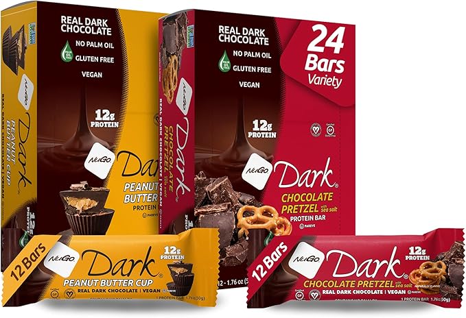 NuGo Dark Variety - Pretzel with Sea Salt 12 Bars &amp Peanut Butter Cup 12 Bars 12g Protein Bar Vegan Gluten Free Non-GMO Kosher Pareve 24 Count Variety