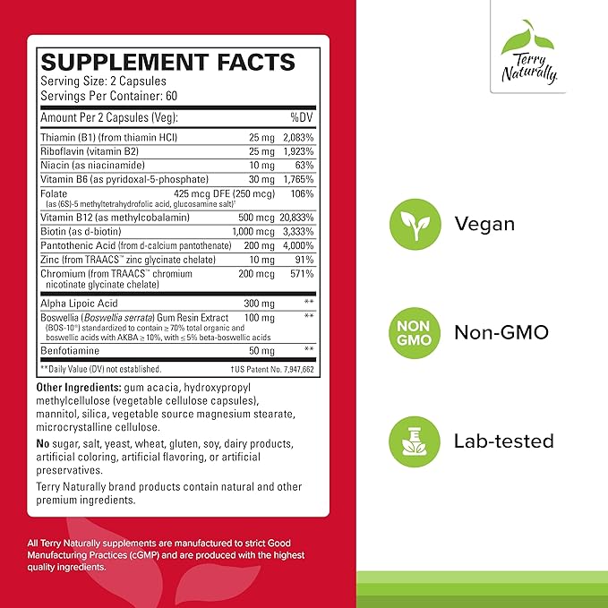 Terry Naturally Healthy Feet &amp Nerves - Herbal Supplement with Bioactive Vitamin B12 - Circulation &amp Nerve Health Support Supplement - Vegan Capsules with Boswellia Serrata - 120 Capsules