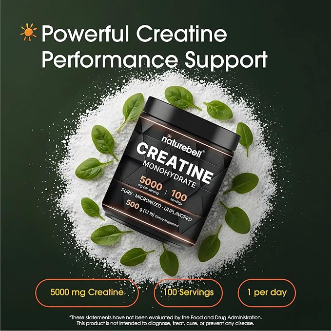 NatureBell Creatine Monohydrate Powder - 500g - Micronized Powder - Delivers 5000mg Creatine Per Serving - Pre-Workout or Post-Workout Support* - Vegan &amp Keto Friendly - Unflavored