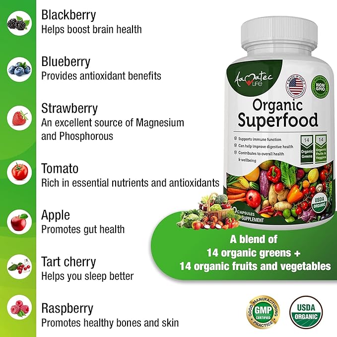 Organic Superfood Greens Fruits and Veggies Complex - Best Dietary Supplement with 14 Greens &amp14 Fruits &amp Vegetables with Alfalfa Rich in Antioxidants Organic Ingredients Non-GMO (180 Count Pa