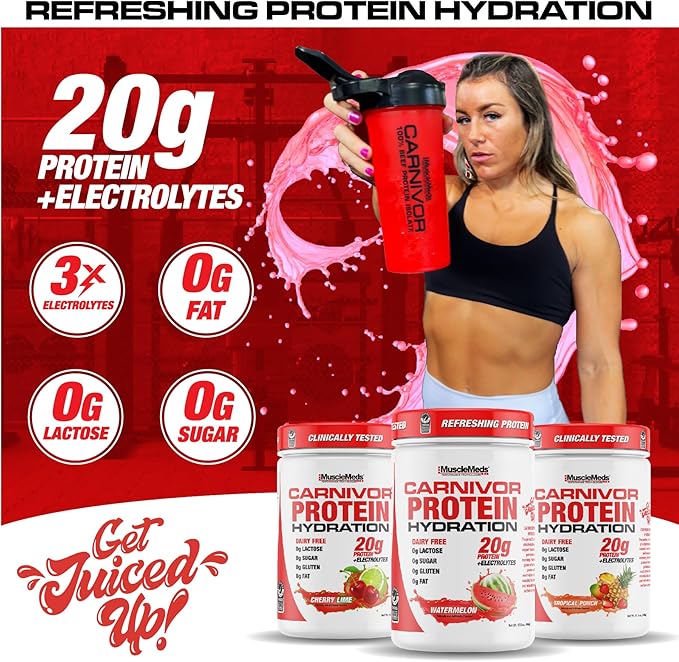 MuscleMeds Carnivor Protein Hydration Drink Powder 20g Refreshing Protein Isolate Lactose Free Sugar Free Electrolytes Muscle Building Recovery Halal Certified Watermelon 20 Serve