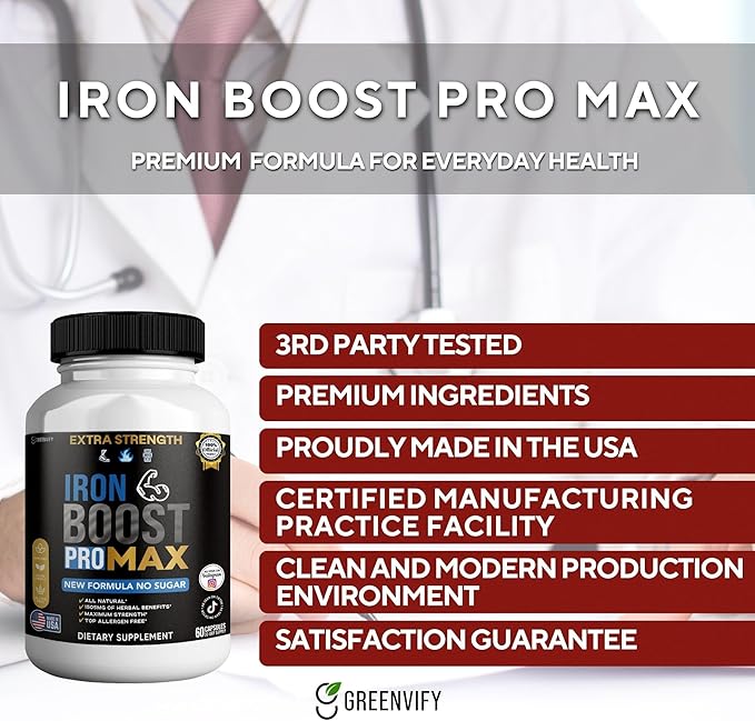 Iron Boost Pro Max Extra Strength Dietary Supplement Organic Maca Root Blend 60 Capsules 30-Day Supply (3)