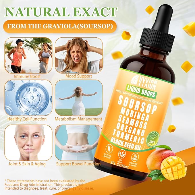 Soursop Bitters Liquid Drops 10 in 1 with Sea Moss Moringa Turmeric Black Seed Oil Oregano Ashwagandha | Herbal Extracts for Overall Health-Enhancing | Vegan Non-GMO | 2 Fl Oz(Mango flavor)