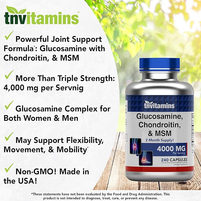tnvitamins Glucosamine Chondroitin MSM Capsules 240 Count | 4000 mg Per Serving | 2000 mg Glucosamine Sulfate 2KCl + 2000 mg MSM &amp Chondroitin Blend | Joint Support Supplement