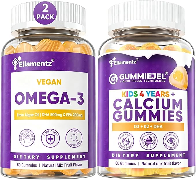 2 Pack Omega 3 Gummies + 1 Pack Kid Calcium Gummies 300mg Calcium Citrate + Vitamin D3 K2 MK-7