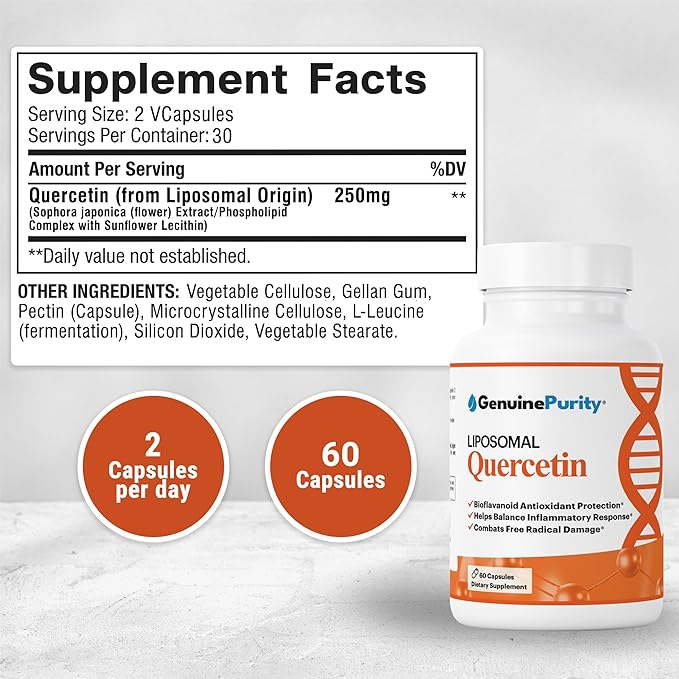 250mg Liposomal Quercetin Supplements - 60 Vegan Capsules to Support Antioxidant Defense Cellular Health &amp Immune System - Quercetin Capsules Perfect for Healthy Aging and Vitality