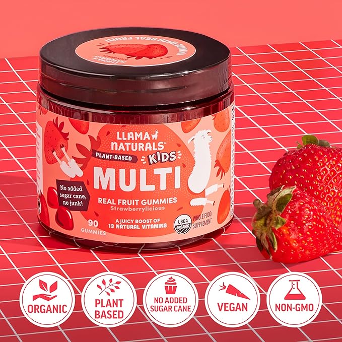Llama Naturals Kids Multivitamin Gummies | Real Fruit No Added Sugar Cane | Organic Vegan Toddler Whole Food Vitamins | Vitamin D C &amp Beta Carotene Gummy Supplement | Strawberry 90 Ct (1-2 Month