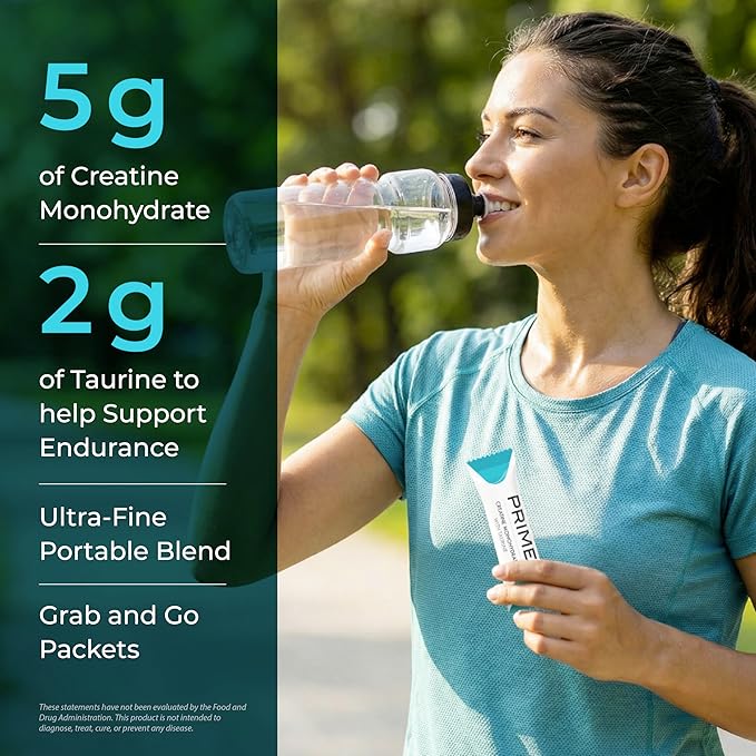 PRIME Creatine Monohydrate with Taurine – Cognitive Support &amp Muscle Energy Supplement – 5g Creatine Highly Bioavailable – Vegan &amp Dairy Free – 30 Individual Stick Packs