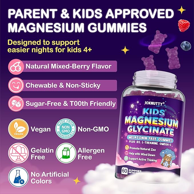 Magnesium Gummies for Kids - Magnesium Glycinate Chewable Supplement with L-Theanine Vitamin B6 Phosphatidyiserine and Omega for Kids Natural Zzz Development &amp Overall Health - Sugar Free &amp