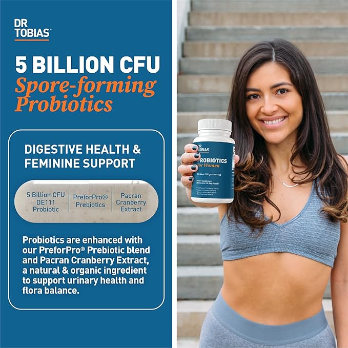 Dr. Tobias Probiotics for Women 5 Billion CFUs Plus Prebiotics &amp Cranberry Extract for Urinary Tract Health for Women Supports Digestive &amp Immune Health 60 Capsules 30 Servings