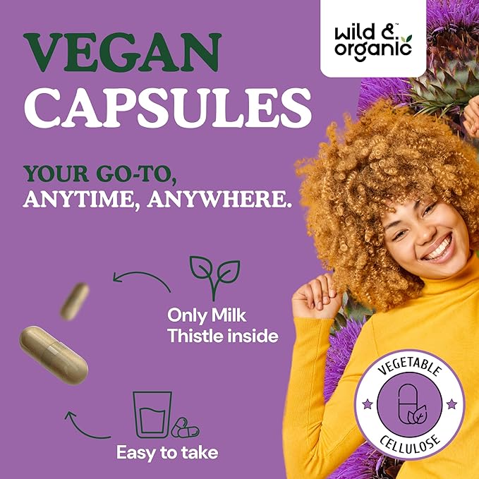 Wild &amp Organic Milk Thistle Capsules 1000mg - Liver Detox Cleanse - Silymarin Milk Thistle Supplement for Liver Support - 120 Vegan Capsules - 2-Month Supply - No Fillers Non-GMO