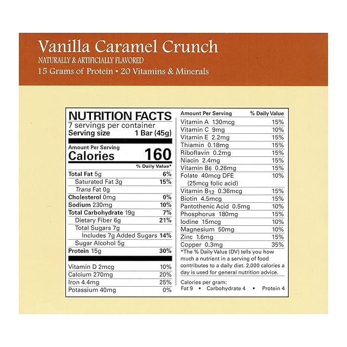 Nutmeg State Nutrition - High Protein Snack Bars 15g Protein 160 Calories Low Sodium 19g Carbs 6g Fiber 7 Servings Per Box (Vanilla Caramel Crunch)