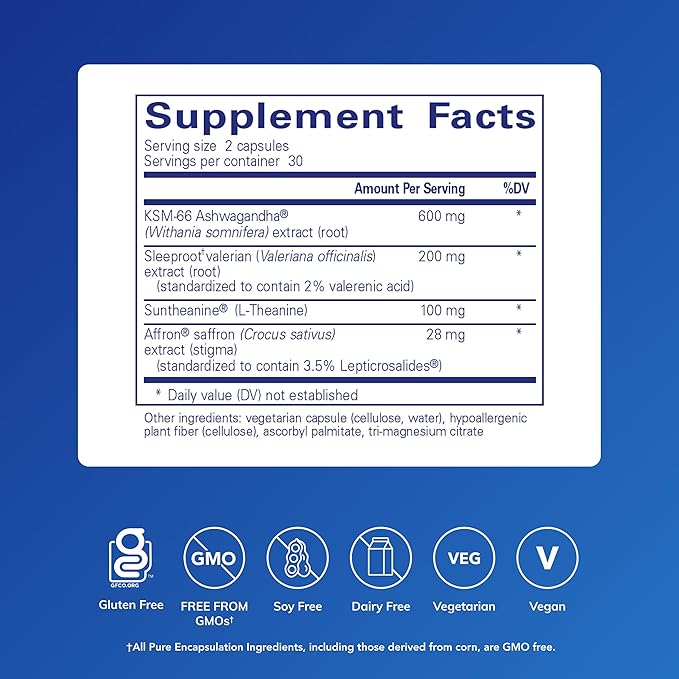 Pure Encapsulations Pure Sleep – Melatonin-Free Calming Sleep Supplement for Relaxation Support- Ashwagandha Saffron &amp Valerian – Gluten-Free Hypoallergenic Non-GMO – 60 Count (30 Servings)