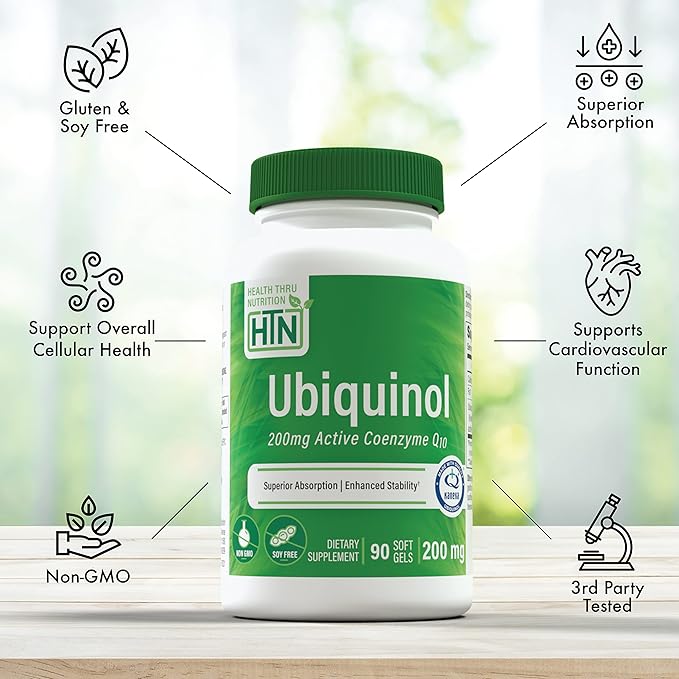 Health Thru Nutrition Ubiquinol 200mg 90 Softgels as Kaneka QH Reduced CoQ-10 | Stabilized - 3rd Party Tested | Enhanced Bioavailability | Cardiovascular &amp Mitochondria Function Support | Non-GMO