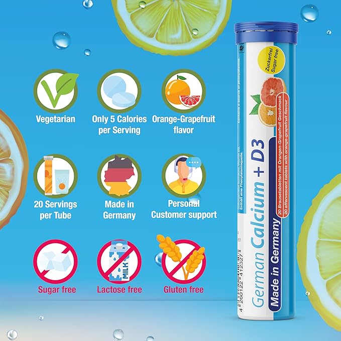 German Calcium + Vitamin D Drink Effervescent Tablets 140 Servings Orange-Grapefruit Flavour - 500 mg Calcium 25 μg Vitamin D3 - T&ampD Pharma – Made in Germany