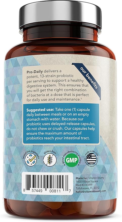 Vitamin Bounty Pro-Daily Probiotic 5 Billion CFU - 13 Strains with Lactobacillus Acidophilus &amp Bifidobacterium for Digestive Health - Probiotics for Men &amp Women Gut Health Support