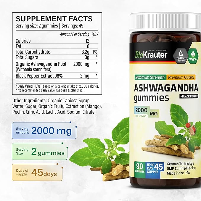 BIO KRAUTER® Ashwagandha Gummies for Mood Magic &amp Relaxation Support 2000 mg - Vegan Ashwagandha Supplements for Women &amp Men - 90 Relax Gummies - 45 Days of Supply Mango Flavor - Non-GMO