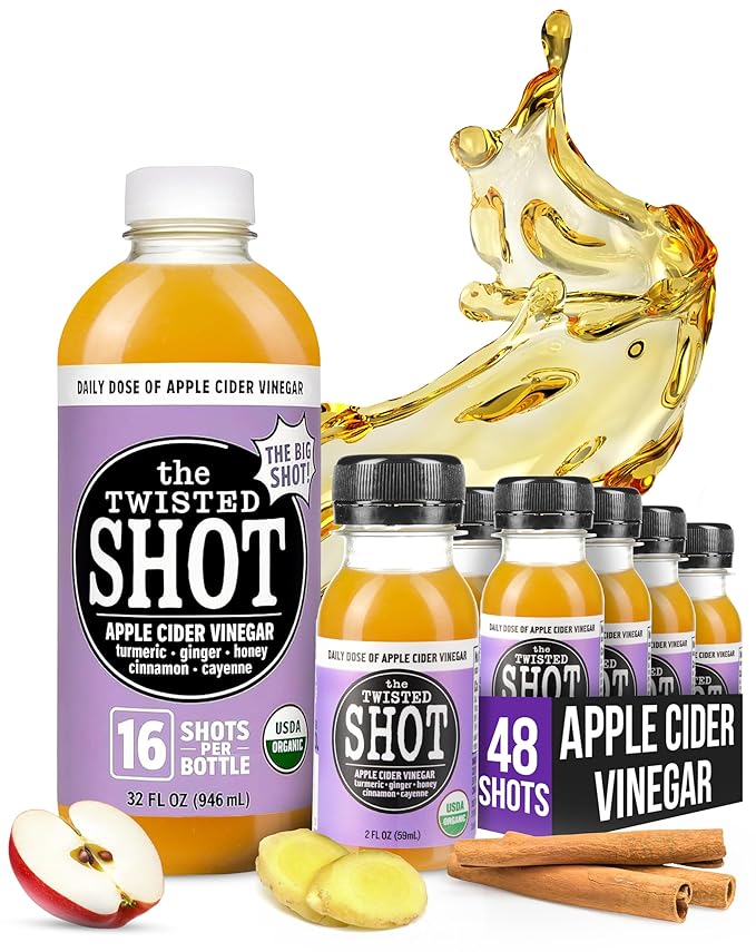 The Twisted Shot | Organic Apple Cider Vinegar Wellness Shots with Ginger Turmeric Honey Cinnamon &amp Cayenne | Supports Digestion Immunity &amp Gut Health | 32 oz Bottle + Forty-Eight 2 oz Min