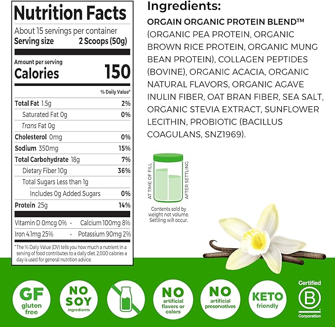 Orgain Protein Powder + Collagen Vanilla Bean - 25g of Protein 10g Collagen Peptides Type I &amp III 1B CFU Probiotics Supports Hair Skin Nail Joint &amp Gut Health Gluten Free - 1.6lb