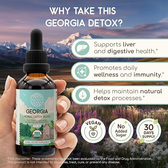 HerbEra Georgia Herbal Detox Blend - USDA Organic Extract Made in USA | Immune &amp Liver Support Liquid Drops | Ashwagandha Dandelion Root Licorice Milk Thistle Turmeric | 2 fl oz