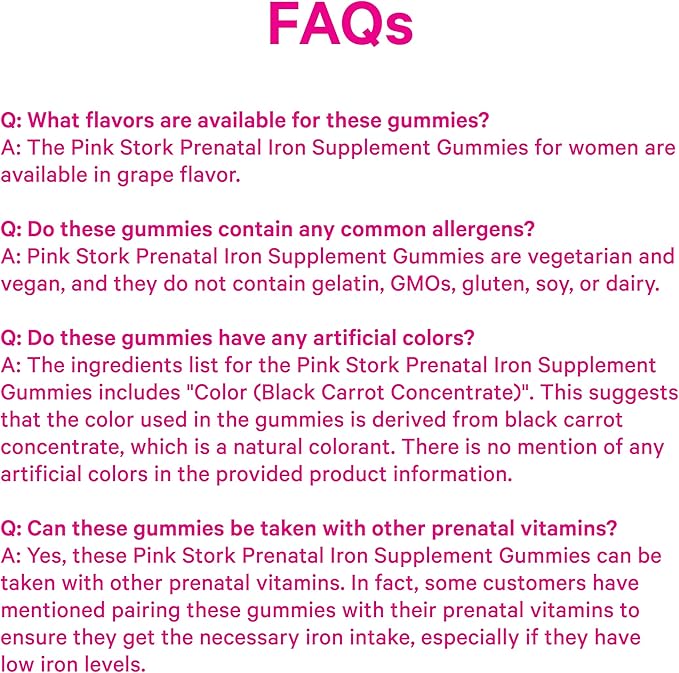 Pink Stork Prenatal Iron Supplement Gummies for Women - 20 mg with Vitamin C - Grape Chewable for Deficiency Energy &amp Blood Builder - 60 Gummy Chews