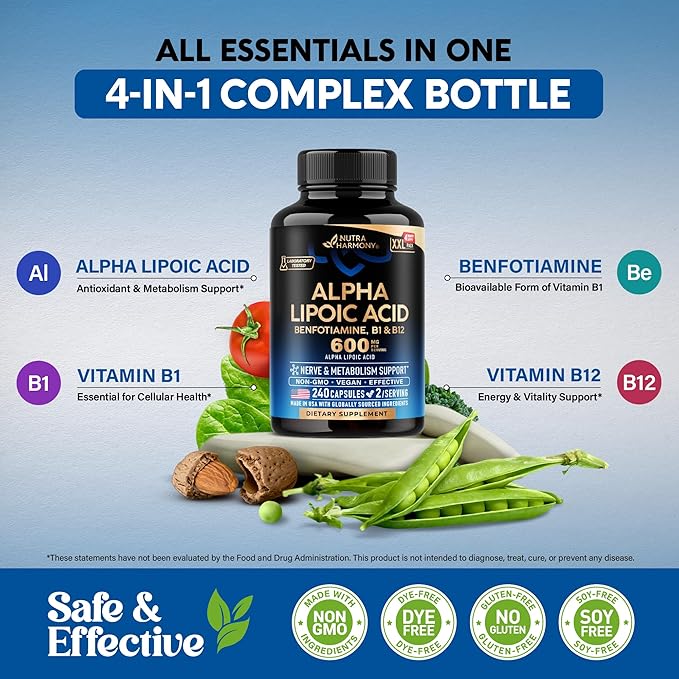 Alpha Lipoic Acid 600mg - ALA Supplement Antioxidant for Nerve Energy &amp Metabolism Support - Extra Strength with Benfotiamine B1 &amp B12 - Lab Tested NON-GMO &amp Vegan - 240 Capsules 4 Mon