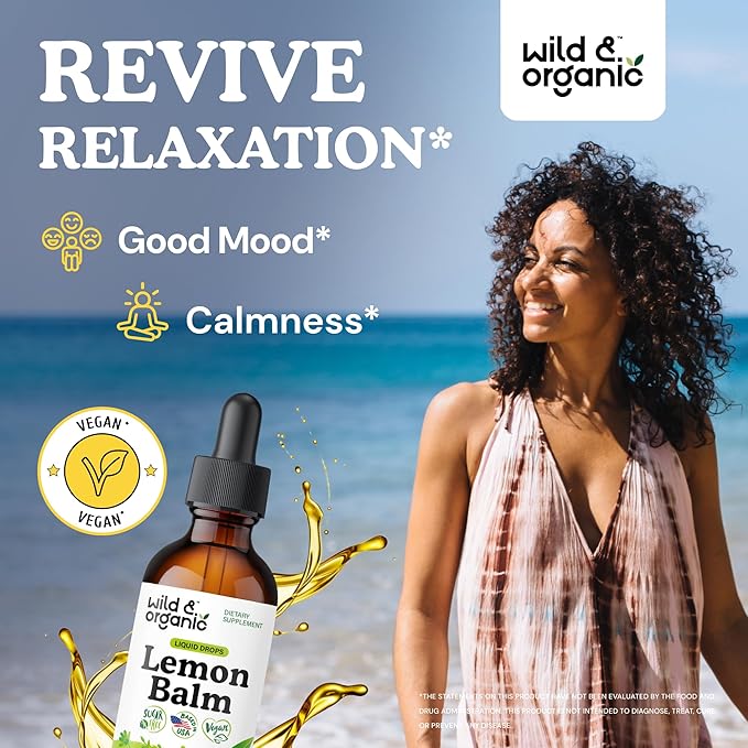 Wild &amp Organic Lemon Balm Drops - Relaxation Support - Lemon Balm Extract Supplement - Melissa Officinalis Herb Tincture - Add to Tea for Calmness Support - Vegan Sugar &amp Alcohol-Free - 2 fl
