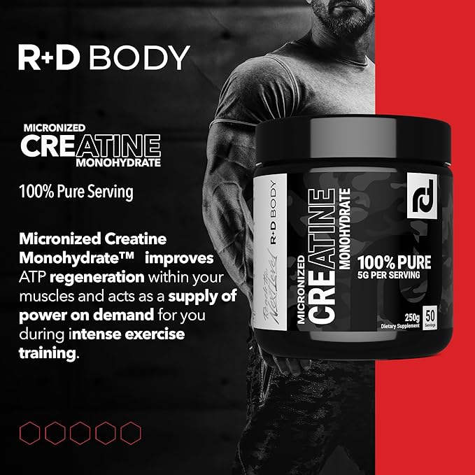 R&ampD Body Micronized Creatine Monohydrate - 100% Pure High Potency Formula for Enhanced Strength Power and Endurance 5g per Serving 250g